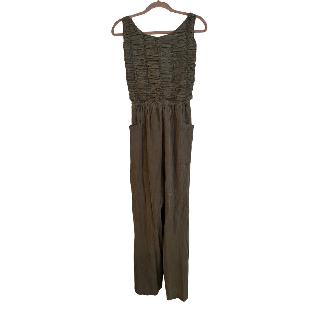 Oddi Women’s Full Size Bodice Jumpsuit Sleeveless Smocked Green Pockets XL NWT
